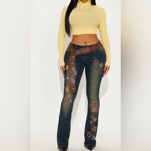 1 In Bloom Embroidered Low Rise Bootcut Jeans - Dark Wash